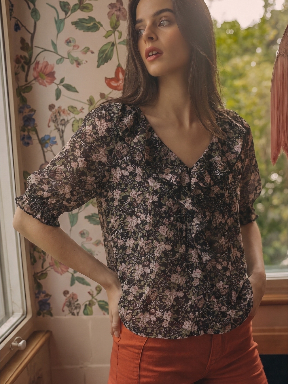 Natural Life My Favorite Cotton Top Black Flung Floral Ruffle Boho Blouse size S
